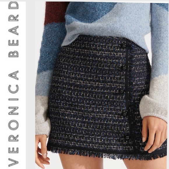 Veronica Beard Mirabelle Tweed Button-Front Skirt Black Navy Blue Silver Size 6